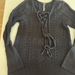 Free People Charcoal Lace-Up V-Neck Sweater
